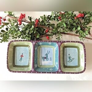 Lori Siebert Hand Painted Three Part Serving Dish ZRIKE Ski Lodge Winter…
